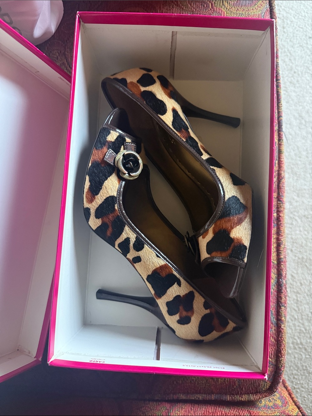 BCBG Leopard Print Open-Toe Stiletto Heels with Buckle Detail